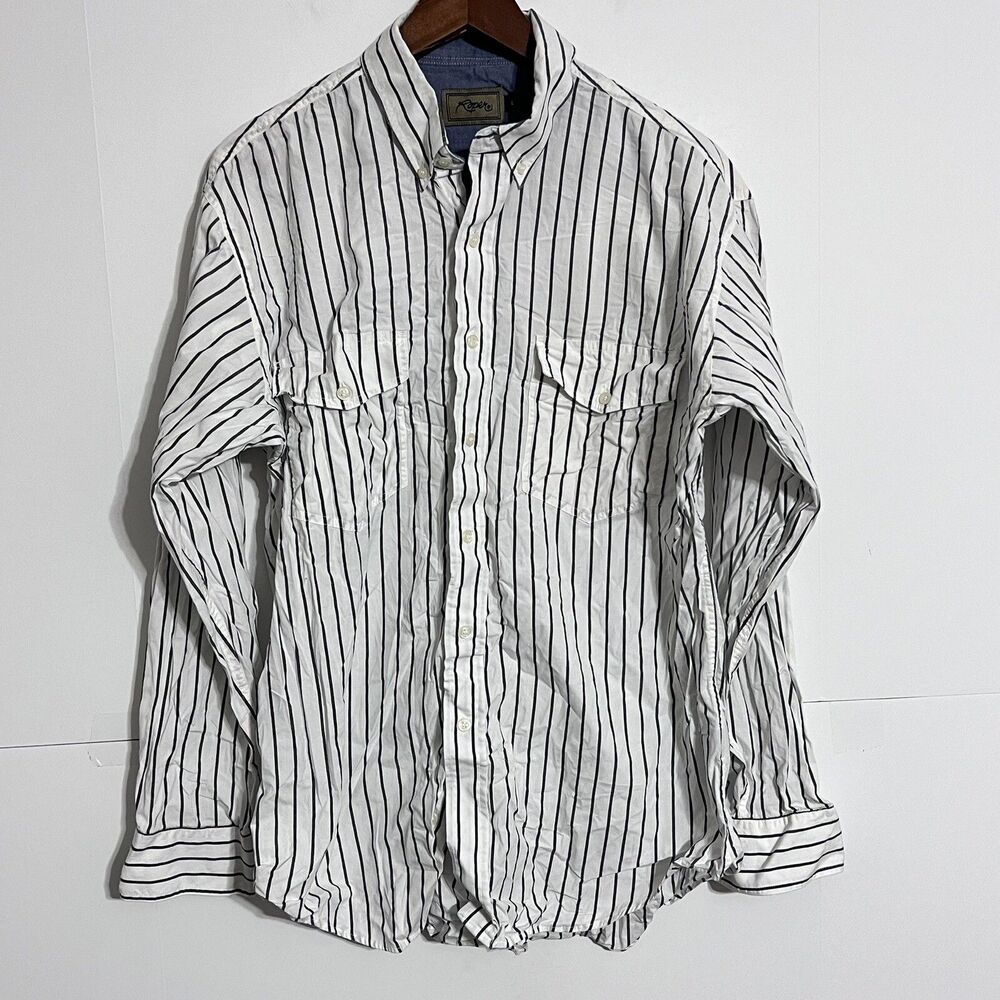 Roper Mens Shirt Size L White Striped Grey Long Sleeve Button Up Pockets